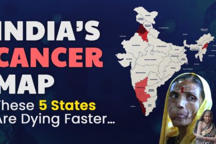 Map of India highlighting states with highest cancer burden in India in 2026 — Kerala, Punjab, Delhi, Haryana, Manipur, and Karnataka — showing rising cancer incidence and mortality projections with 1.87 million new cancer cases nationwide