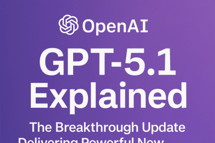 A clean, modern digital graphic with a purple gradient background displaying the title “GPT-5.1 Explained” along with a subtitle highlighting the breakthrough update, improved features, and performance boost over GPT-5. The OpenAI logo appears at the top, giving the image a professional and futuristic AI-themed look.