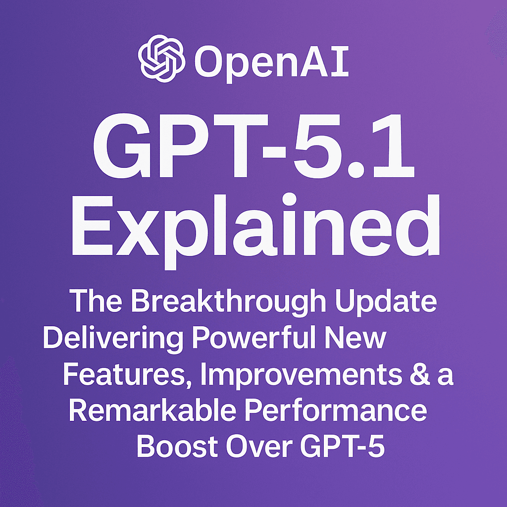 A clean, modern digital graphic with a purple gradient background displaying the title “GPT-5.1 Explained” along with a subtitle highlighting the breakthrough update, improved features, and performance boost over GPT-5. The OpenAI logo appears at the top, giving the image a professional and futuristic AI-themed look.