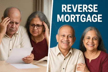plit-screen image of an elderly Indian couple; on the left they appear stressed while reviewing bills, and on the right they look happy and relieved with the bold text “Reverse Mortgage,” representing financial stability after using the reverse mortgage scheme.