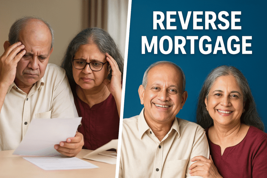 plit-screen image of an elderly Indian couple; on the left they appear stressed while reviewing bills, and on the right they look happy and relieved with the bold text “Reverse Mortgage,” representing financial stability after using the reverse mortgage scheme.