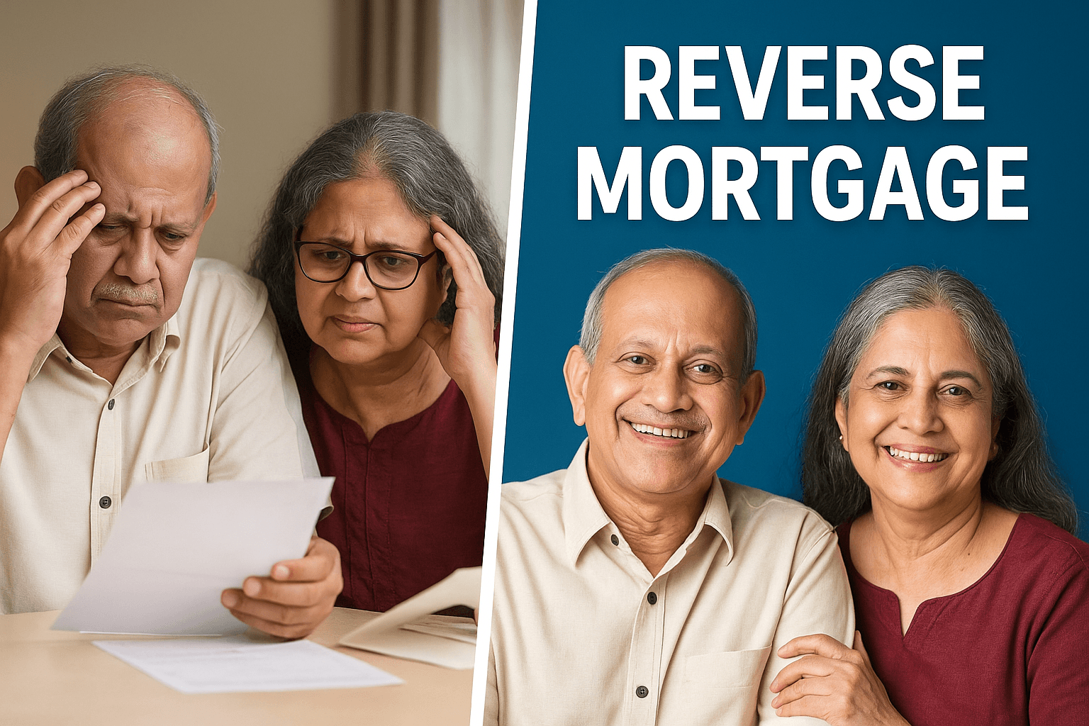 plit-screen image of an elderly Indian couple; on the left they appear stressed while reviewing bills, and on the right they look happy and relieved with the bold text “Reverse Mortgage,” representing financial stability after using the reverse mortgage scheme.
