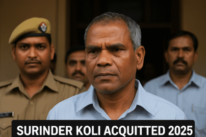 Surinder Koli, flanked by police officers, steps out of the courthouse after his 2025 acquittal in the Nithari case. He appears calm yet reflective, symbolizing the end of a long legal battle. The image captures the tension between justice, investigation, and human endurance in India’s most infamous serial murder case.