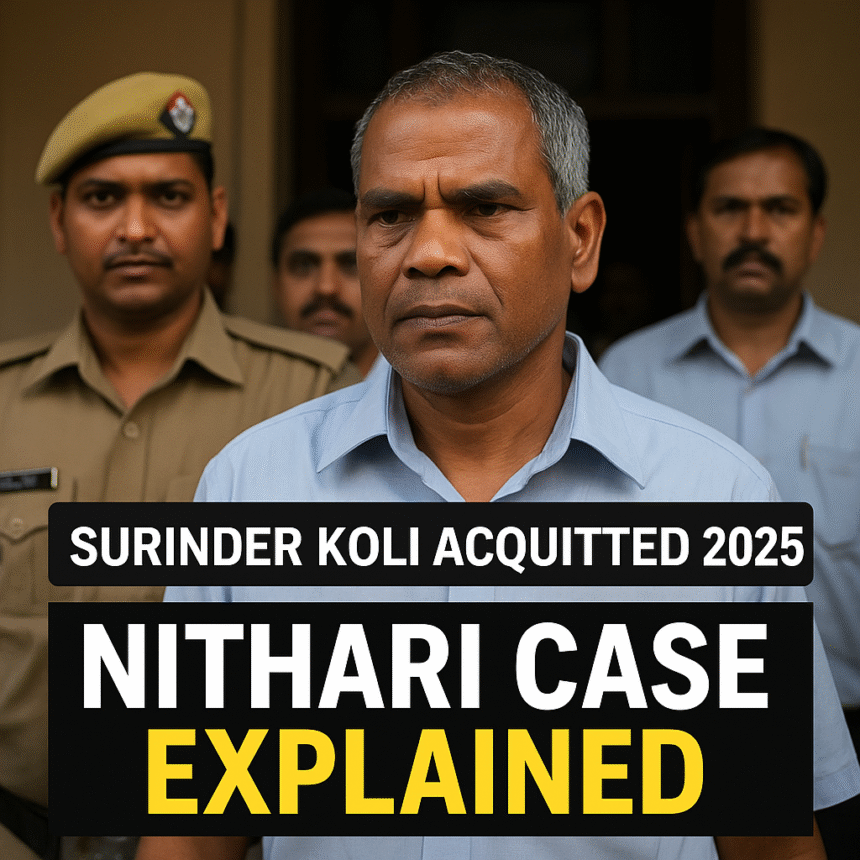 Surinder Koli, flanked by police officers, steps out of the courthouse after his 2025 acquittal in the Nithari case. He appears calm yet reflective, symbolizing the end of a long legal battle. The image captures the tension between justice, investigation, and human endurance in India’s most infamous serial murder case.