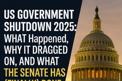 A cinematic image of the U.S. Capitol building at dusk, illuminated in golden light under a cloudy sky. The left half of the image features dark blue space with bold text reading “US Government Shutdown 2025: What Happened, Why It Dragged On, and What the Senate Has (Finally) Done,” symbolizing political drama and resolution.