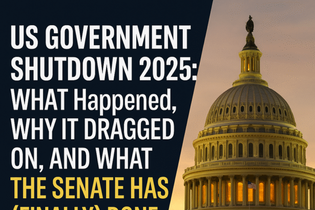 A cinematic image of the U.S. Capitol building at dusk, illuminated in golden light under a cloudy sky. The left half of the image features dark blue space with bold text reading “US Government Shutdown 2025: What Happened, Why It Dragged On, and What the Senate Has (Finally) Done,” symbolizing political drama and resolution.