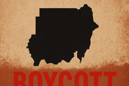 A bold protest graphic showing the map of Sudan above the words “Boycott UAE” in striking red and white text on a textured brown background, symbolizing outrage over the UAE’s alleged role in the Sudan conflict.