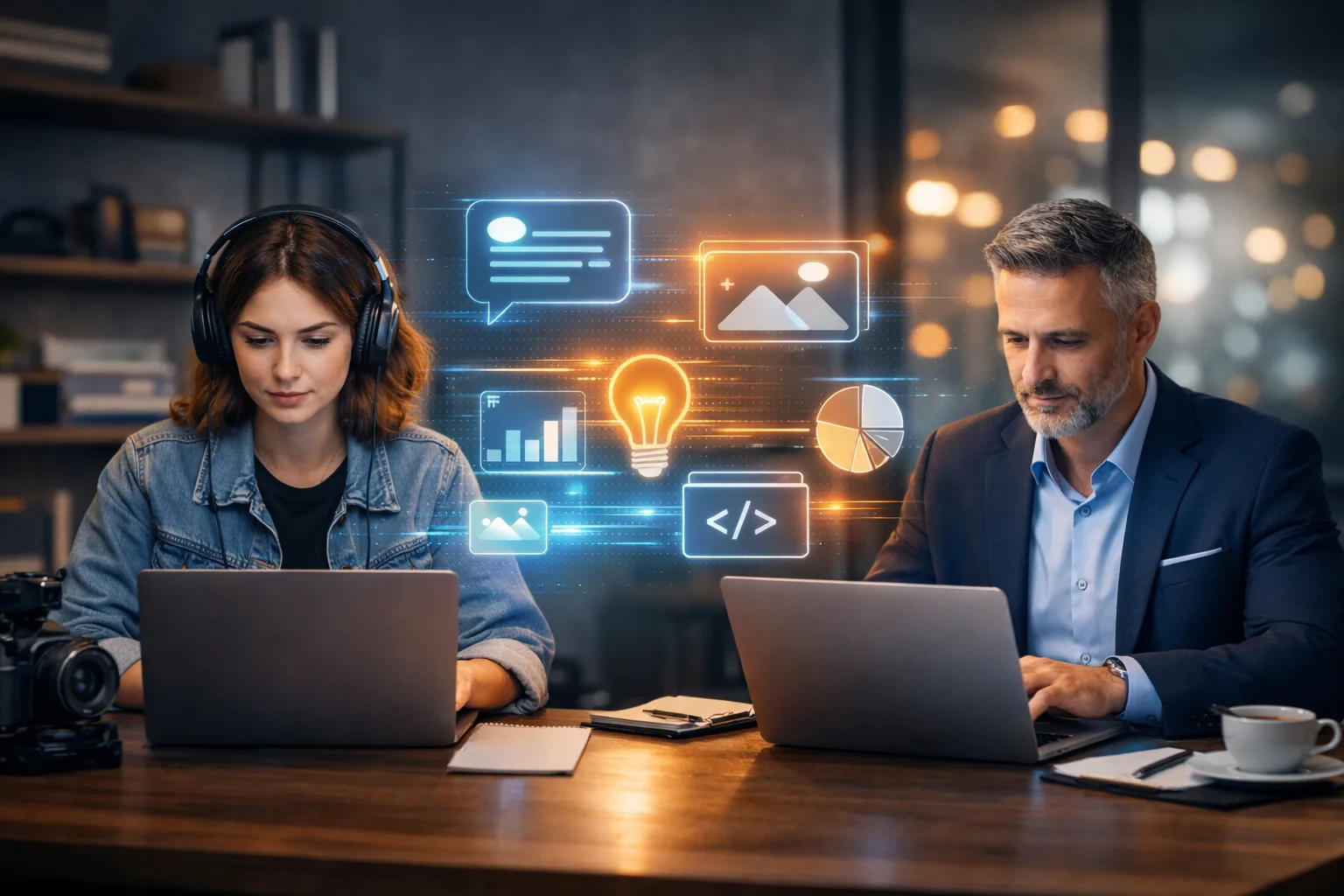 ChatGPT enabling collaboration between a content creator and a business professional through AI-powered tools in a modern workspace