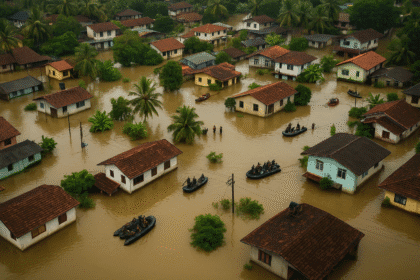 Aerial view of a Sri Lankan town submerged in floodwaters after Cyclone Ditwah, showing rescue boats and military teams navigating through flooded streets around partially submerged houses and palm trees.