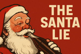 Vintage-style illustration of Santa Claus drinking from a generic dark soda bottle, with bold text saying “THE SANTA LIE” on a red background, referencing the Coca-Cola Santa image and the commercial marketing influence behind modern Christmas culture.