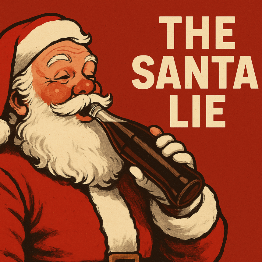 Vintage-style illustration of Santa Claus drinking from a generic dark soda bottle, with bold text saying “THE SANTA LIE” on a red background, referencing the Coca-Cola Santa image and the commercial marketing influence behind modern Christmas culture.