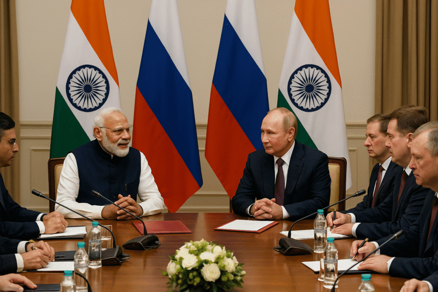 Putin in India during delegation-level talks with PM Modi, seated across a meeting table with officials and national flags of both countries in the background.