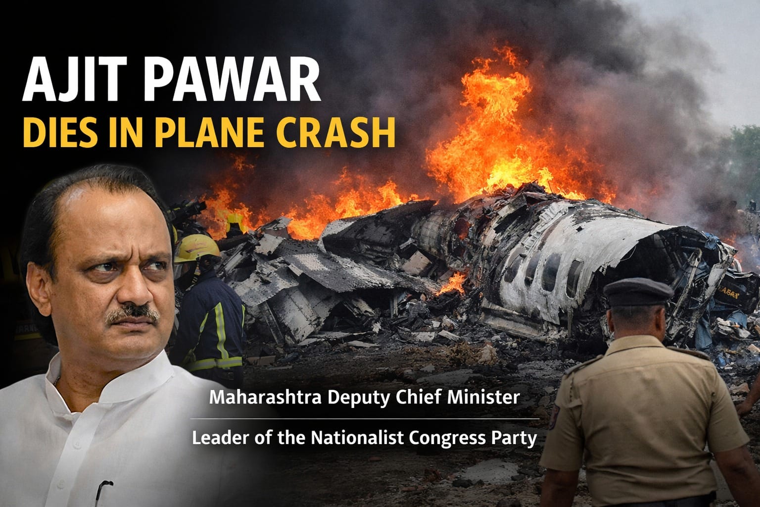 Ajit Pawar, Maharashtra Deputy Chief Minister, pictured alongside burning aircraft wreckage after a tragic plane crash near Baramati that claimed his life.