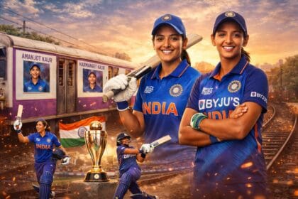 Amanjot Kaur and Harmanpreet Kaur standing in Indian women’s cricket jerseys with a Mumbai local train tribute in the background, symbolizing dreams, determination, and women’s cricket in India.
