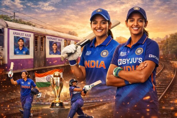 Amanjot Kaur and Harmanpreet Kaur standing in Indian women’s cricket jerseys with a Mumbai local train tribute in the background, symbolizing dreams, determination, and women’s cricket in India.