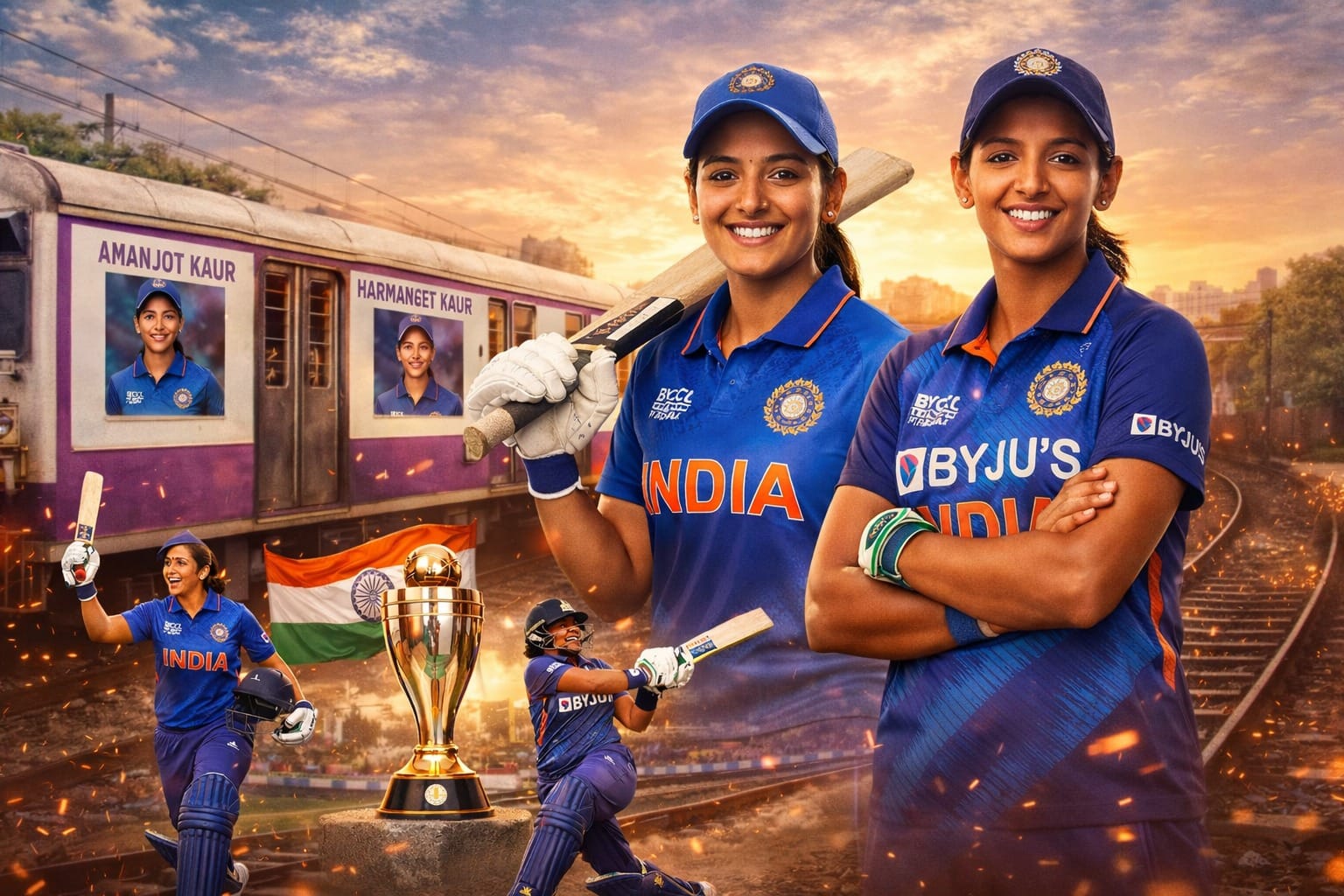 Amanjot Kaur and Harmanpreet Kaur standing in Indian women’s cricket jerseys with a Mumbai local train tribute in the background, symbolizing dreams, determination, and women’s cricket in India.