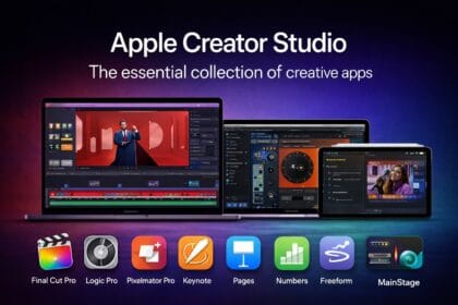 Apple Creator Studio displayed on MacBook and iPad with Final Cut Pro, Logic Pro, Pixelmator Pro, and productivity apps in a clean 16:9 creative workspace layout