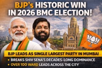 A news-style visual showing BJP leaders Narendra Modi and Eknath Shinde with Mumbai’s skyline and the BMC headquarters, symbolising BJP’s historic lead in the 2026 Brihanmumbai Municipal Corporation, BMC elections.