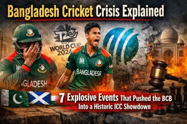 Bangladesh Cricket Board crisis visual showing Bangladesh players, ICC World Cup 2026 symbolism, legal gavel, and geopolitical tension highlighting the ICC showdown.