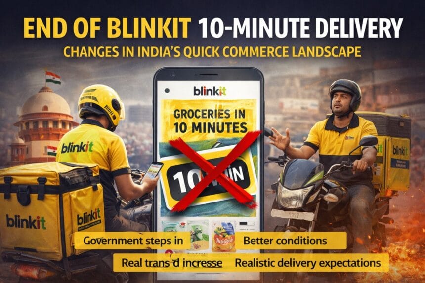 Blinkit delivery partners shown as the Blinkit Drops 10-minute delivery promise, highlighting changes in India’s quick commerce model and focus on gig worker safety.