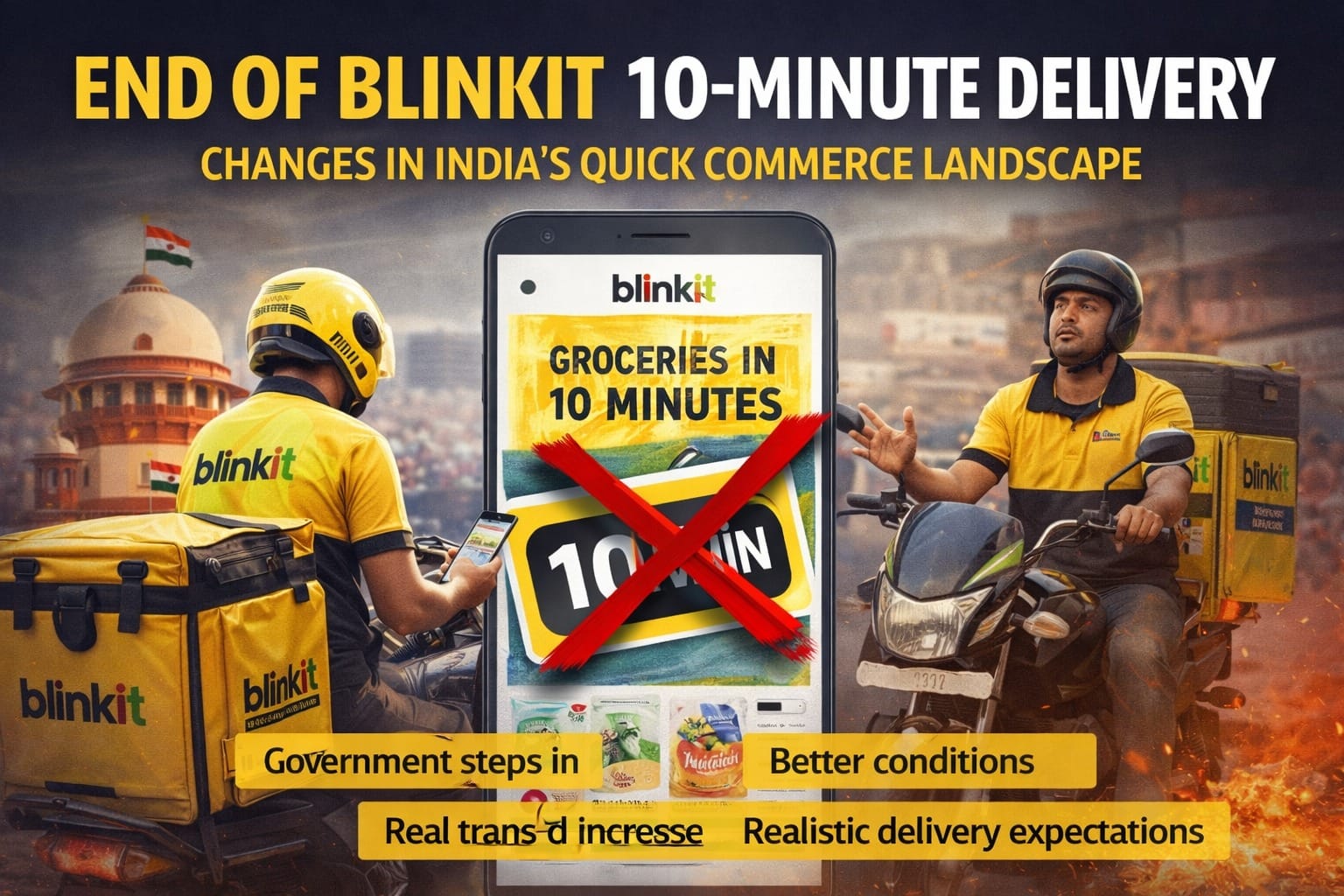 Blinkit delivery partners shown as the Blinkit Drops 10-minute delivery promise, highlighting changes in India’s quick commerce model and focus on gig worker safety.