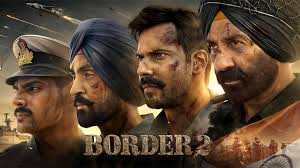 Border 2 movie visual featuring Sunny Deol, Varun Dhawan, Diljit Dosanjh and Ahan Shetty in intense battlefield scenes from the war drama.