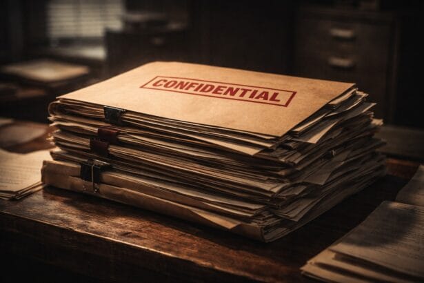 Stack of confidential government files on a dimly lit desk representing secrecy and investigations related to Epstein files latest updates.