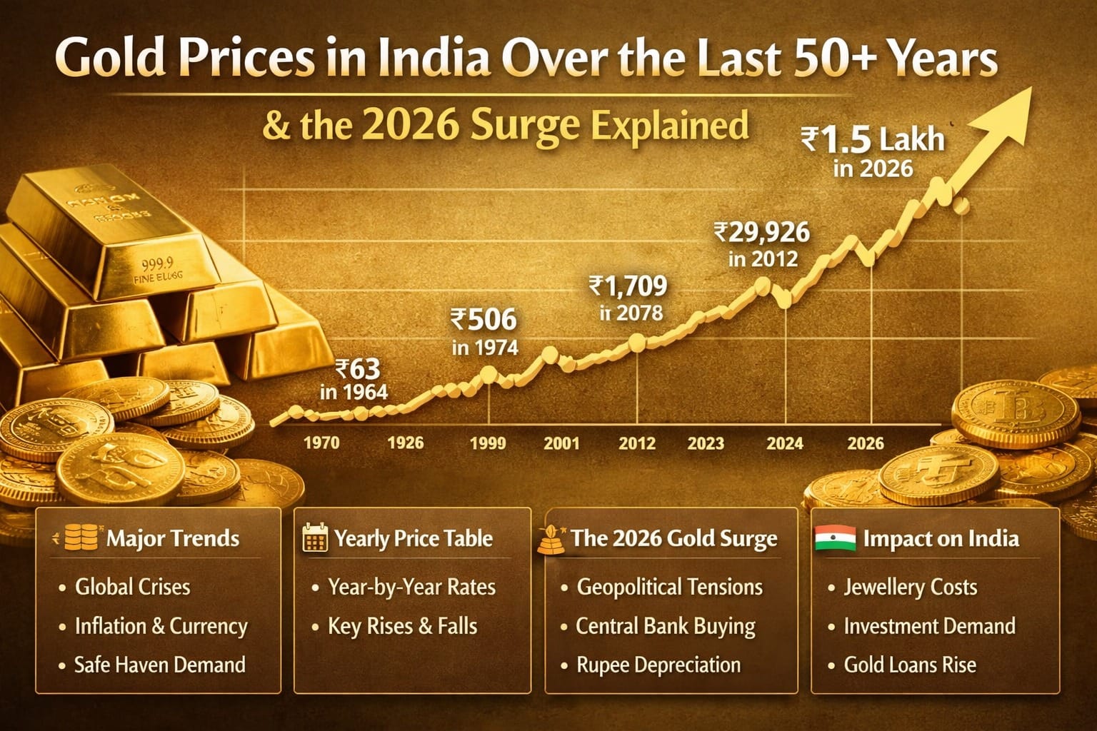 Infographic showing year-by-year gold prices in India from 1964 to 2026, highlighting major price surges, historical milestones, and the sharp rise in gold prices in 2026.