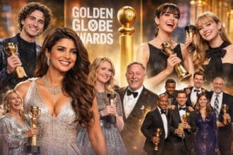 Golden Globes 2026, featuring glamorous red-carpet and on-stage moments with award winners holding Golden Globe trophies, warm golden lighting, and standout appearances by Priyanka Chopra Jonas alongside leading film and television stars, celebrating a night of cinematic excellence.