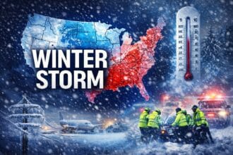 Emergency responders navigate heavy snowfall during a severe winter storm in the United States as blizzard conditions disrupt daily life.