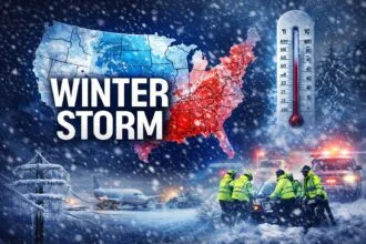 Emergency responders navigate heavy snowfall during a severe winter storm in the United States as blizzard conditions disrupt daily life.