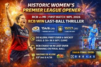 WPL opening match graphic showing Royal Challengers Bengaluru defeating Mumbai Indians in a last-ball thriller, with Nadine de Klerk celebrating her match-winning performance in the Women’s Premier League.