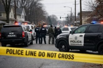 ICE shooting scene on a Minneapolis residential street showing police vehicles and federal agents behind yellow police tape under overcast skies.