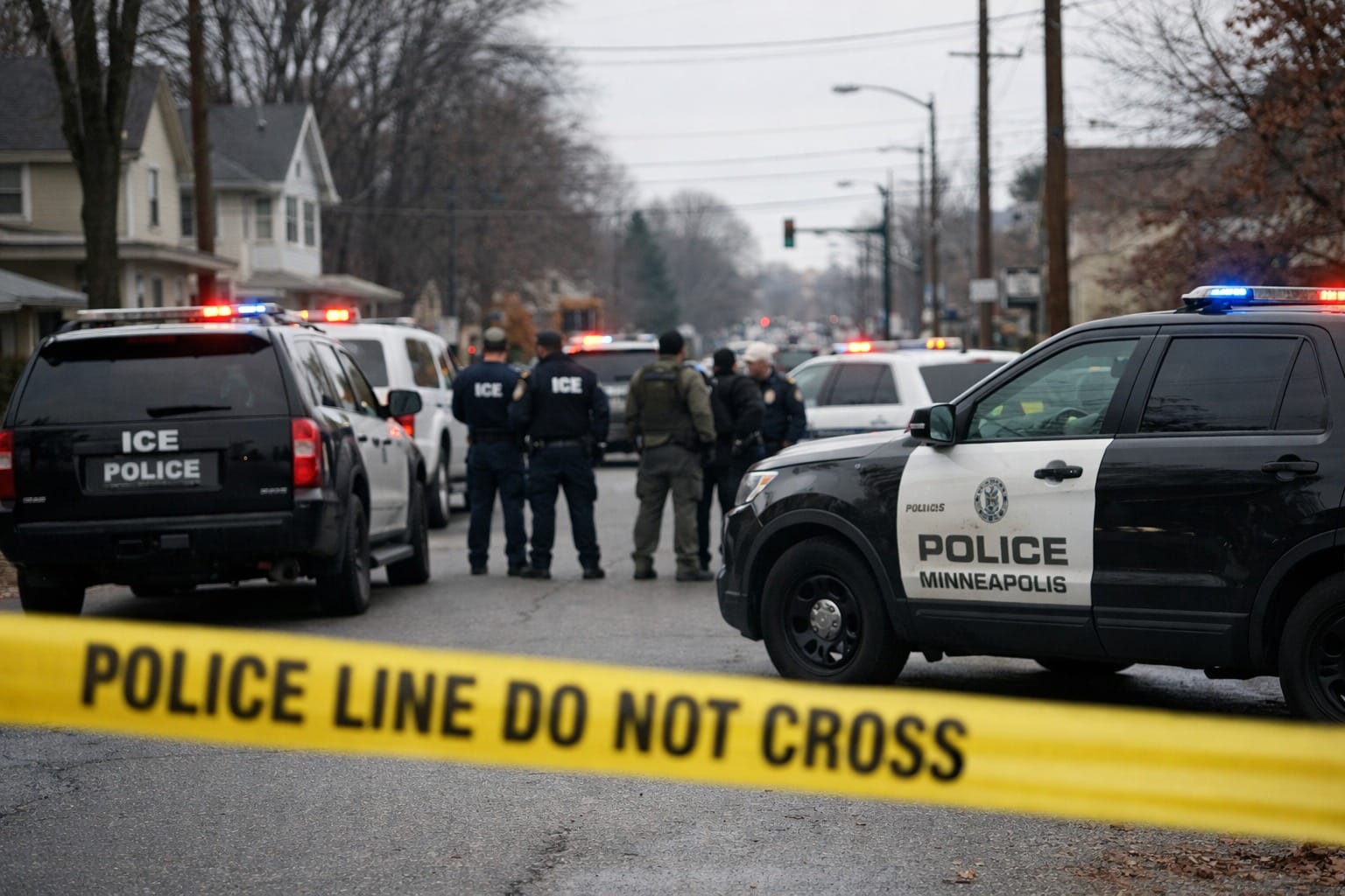 ICE shooting scene on a Minneapolis residential street showing police vehicles and federal agents behind yellow police tape under overcast skies.