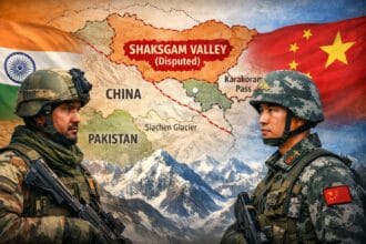 India and China face off over the disputed Shaksgam Valley near Siachen Glacier, showing soldiers from both sides with a highlighted map of the contested region.