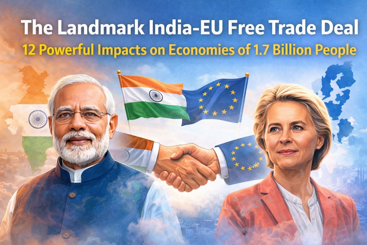 Illustration of India-EU Free Trade Agreement showing Indian Prime Minister Narendra Modi and European Commission President Ursula von der Leyen with India and EU flags and a handshake symbolising a landmark trade deal.