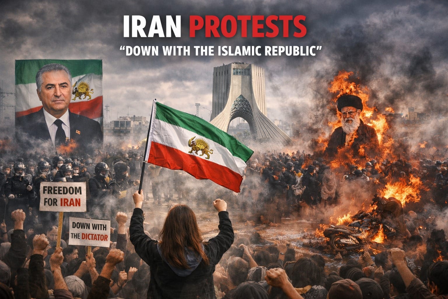 mass anti-government protests in Iran, with crowds holding freedom placards, the pre-1979 Iranian flag raised in the foreground, riot police facing demonstrators, fires and smoke in the streets, portraits linked to Reza Pahlavi, and the Azadi Tower visible in the background, symbolizing opposition to the Islamic Republic.