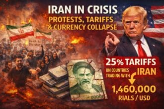 Iran Latest News visual showing nationwide protests, falling currency, and rising US pressure as demonstrators gather amid political unrest and economic crisis in 2026.
