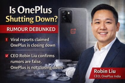News-style image showing a OnePlus smartphone and OnePlus India CEO Robin Liu with text debunking rumours about OnePlus shutting down and confirming the brand continues operations.