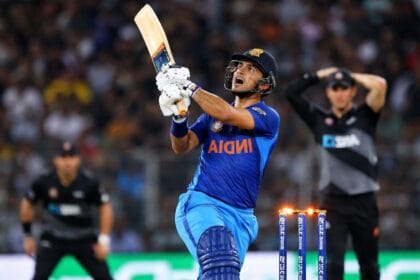 Ishan Kishan playing an aggressive lofted shot during the 2nd T20 international match against New Zealand as India dominate the innings.
