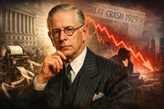 Jesse Livermore portrait illustration showing the legendary stock market trader against a backdrop of the 1929 market crash, stock charts, and Wall Street history