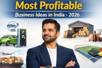 Most profitable business ideas in India for 2026 visual showing an Indian entrepreneur with EV charging, warehousing, pickleball courts, skincare and logistics business icons