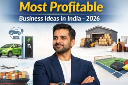 Most profitable business ideas in India for 2026 visual showing an Indian entrepreneur with EV charging, warehousing, pickleball courts, skincare and logistics business icons