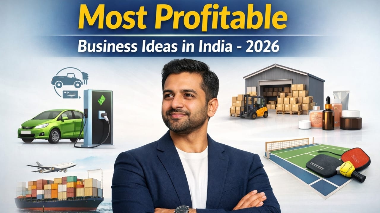 Most profitable business ideas in India for 2026 visual showing an Indian entrepreneur with EV charging, warehousing, pickleball courts, skincare and logistics business icons