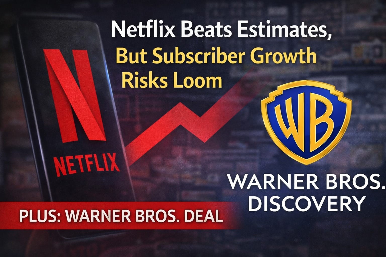 News-style image showing the Netflix logo alongside the Warner Bros. Discovery logo, highlighting Netflix beats estimates earning while subscriber growth concerns remain.
