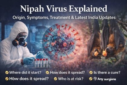 Infographic explaining the Nipah virus showing fruit bats as the source, a healthcare worker in protective gear, and a virus illustration highlighting origin, spread, symptoms, and treatment in India.