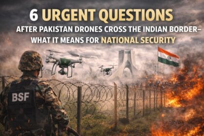 Pakistan Drones crossing the Indian border, with unmanned aerial vehicles flying over barbed-wire fencing, a Border Security Force soldier on alert, fire and smoke near the frontier, and the Indian tricolour visible — highlighting heightened security concerns between India and Pakistan.