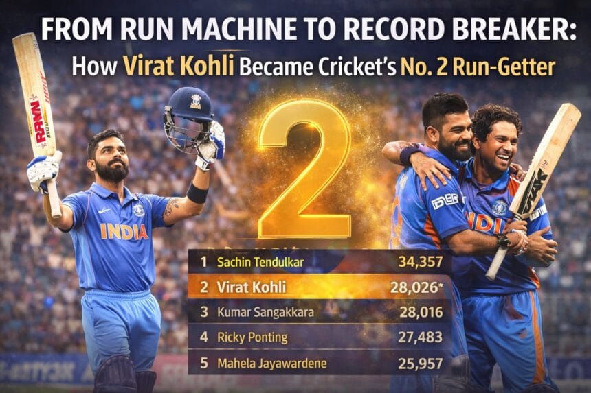 Virat Kohli celebrating his milestone as the second-highest run-getter in international cricket history, with a large glowing number 2 at the center, action shots of Kohli batting for India, and a comparison panel showing Sachin Tendulkar at No.1, highlighting cricket’s greatest run-scorers.
