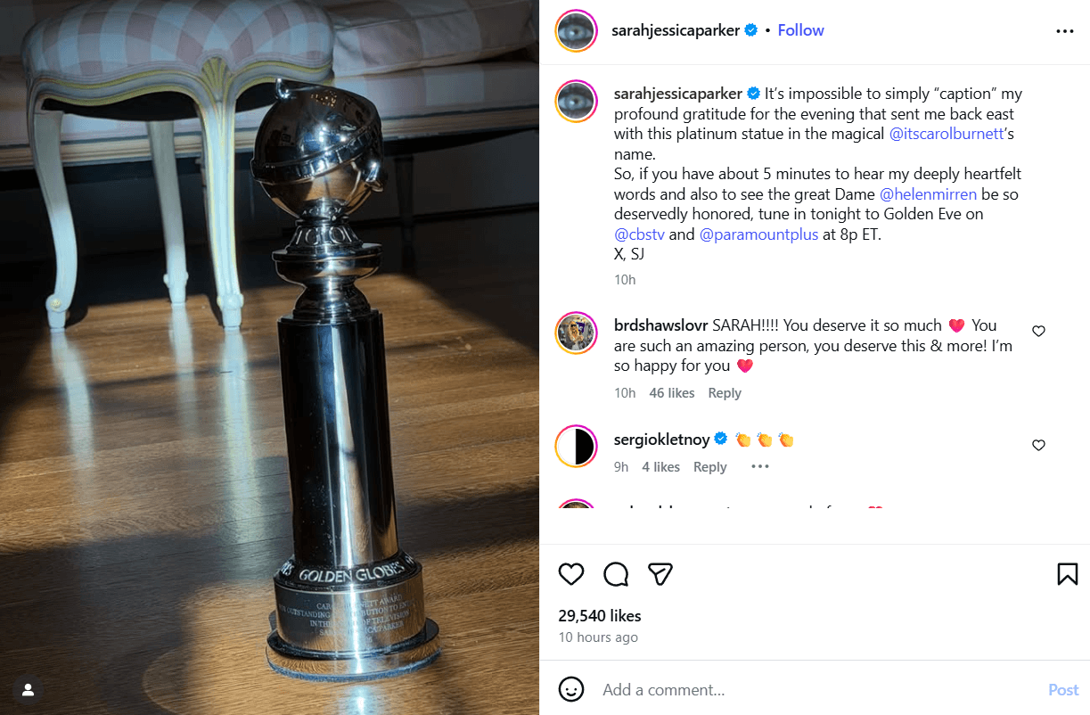 Golden Globes lifetime achievement award displayed on stage during the Golden Eve ceremony honoring Helen Mirren and Sarah Jessica Parker, symbolizing decades of excellence in film and television.