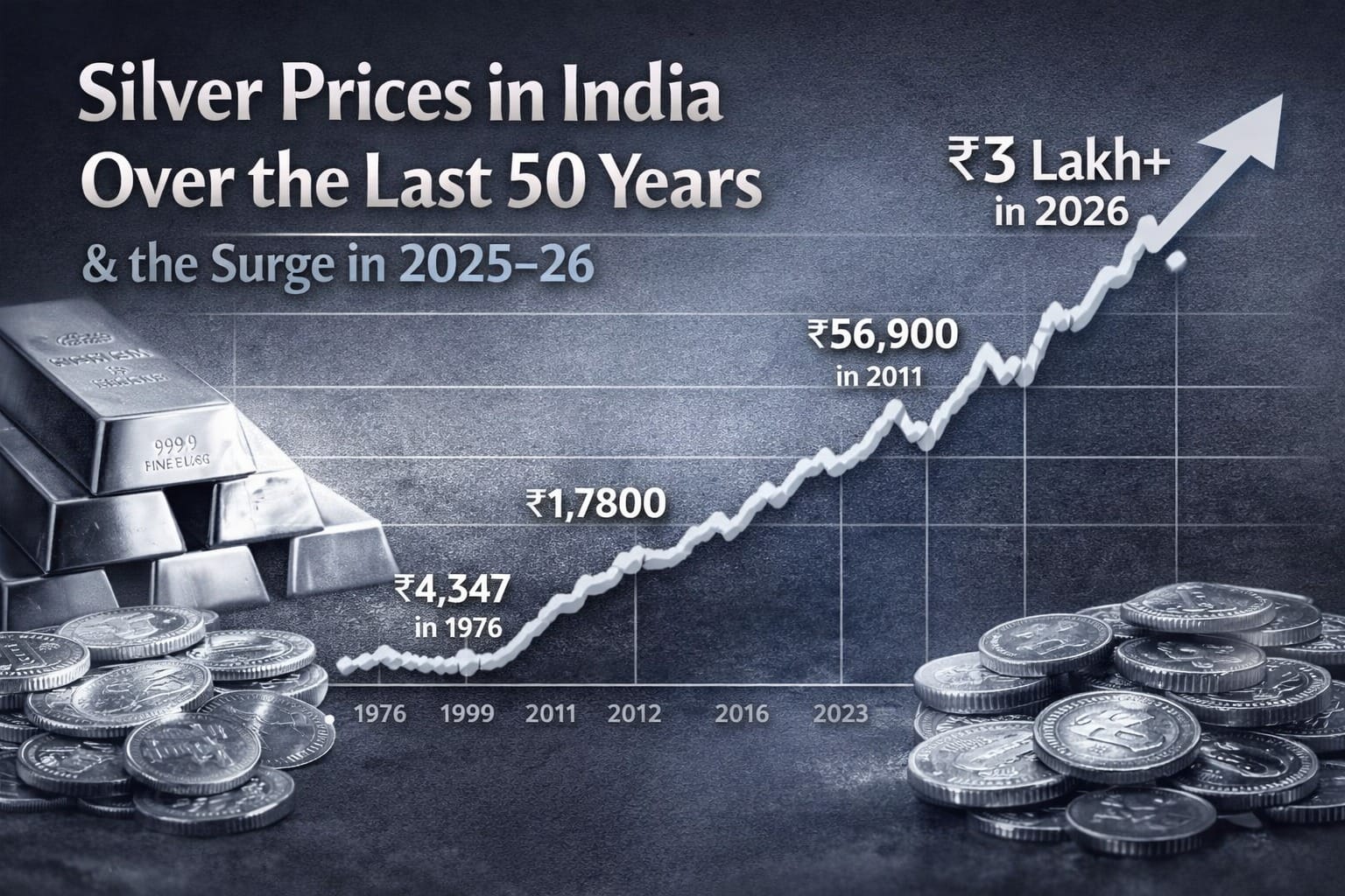 Minimal infographic showing the rise of silver prices in India over the last 50 years, with a sharp upward trend highlighting the silver price surge in 2025–26.